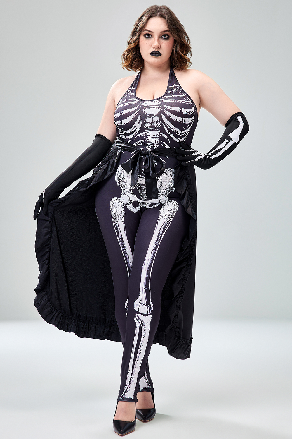 Xpluswear Design Plus Size Casual Halloween Costume Black Skeleton Print Sleeveless Knitted Jumpsuits (Without Gloves) [Pre-Order]