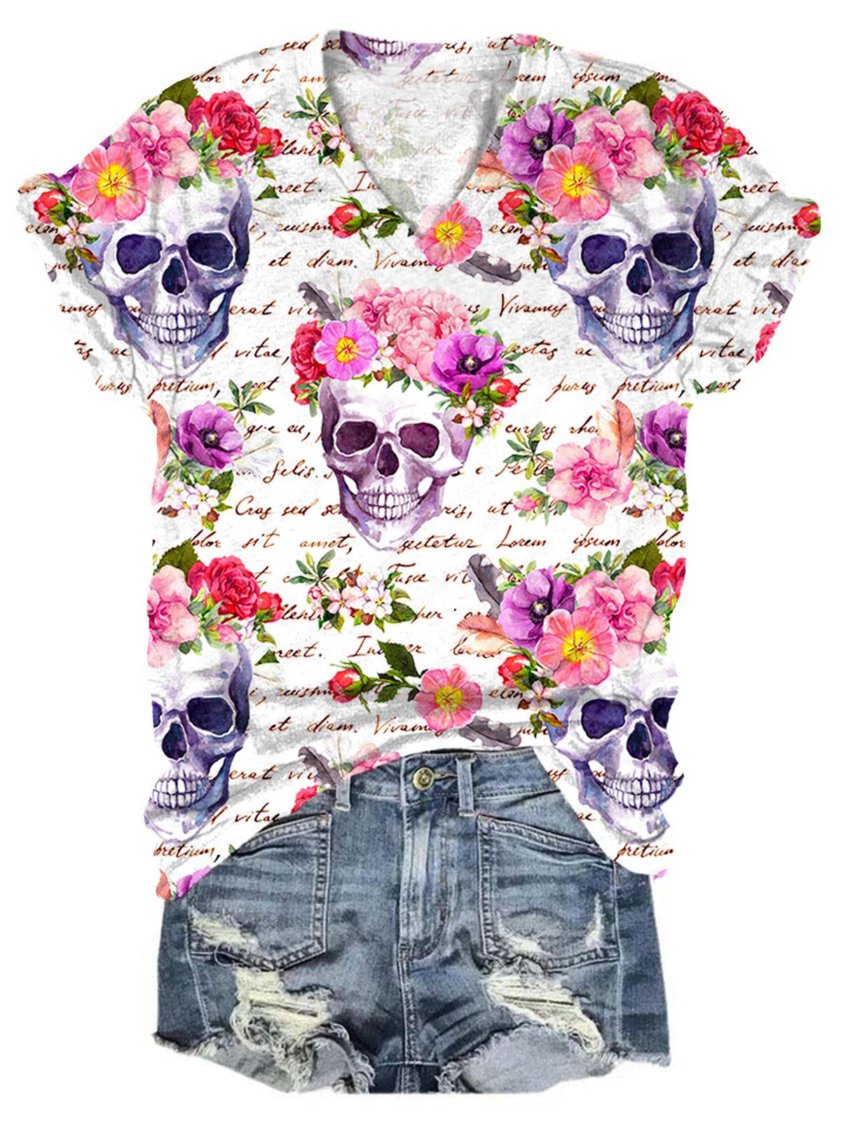 Women's V Neck Floral Skull Print Casual Top