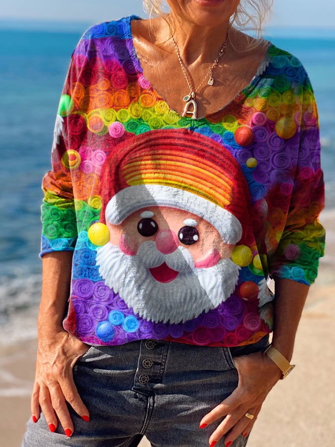 Women's Christmas Hippie Style Funny Santa Printed Casual Long-sleeved Top