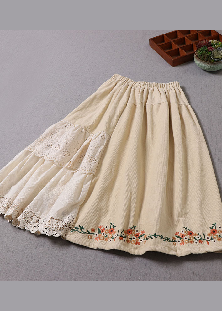 Organic Apricot Embroideried Patchwork Corduroy Skirt Winter