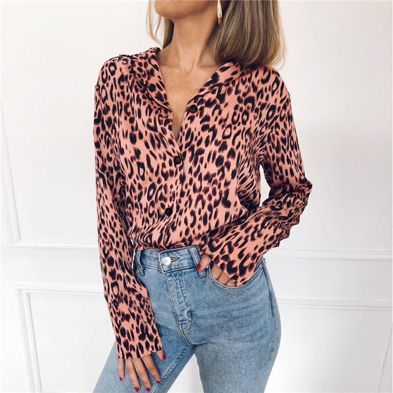 Women Blouses Summer Chiffon Leopard Blouse Long Sleeve Turn Down Collar Lady Office Shirt Loose Tops