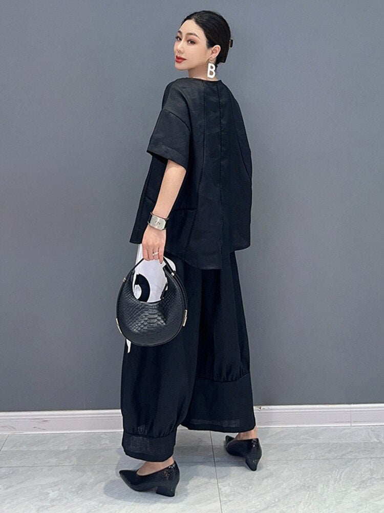 Black Short Sleeve Floral Tunic Top & Wide Leg Pants 2-Piece Set