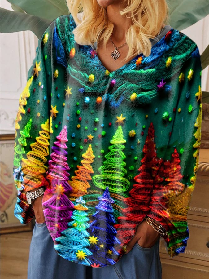 Women's Christmas Hippie Style Mistletoe Print V-Neck Long Sleeve Top