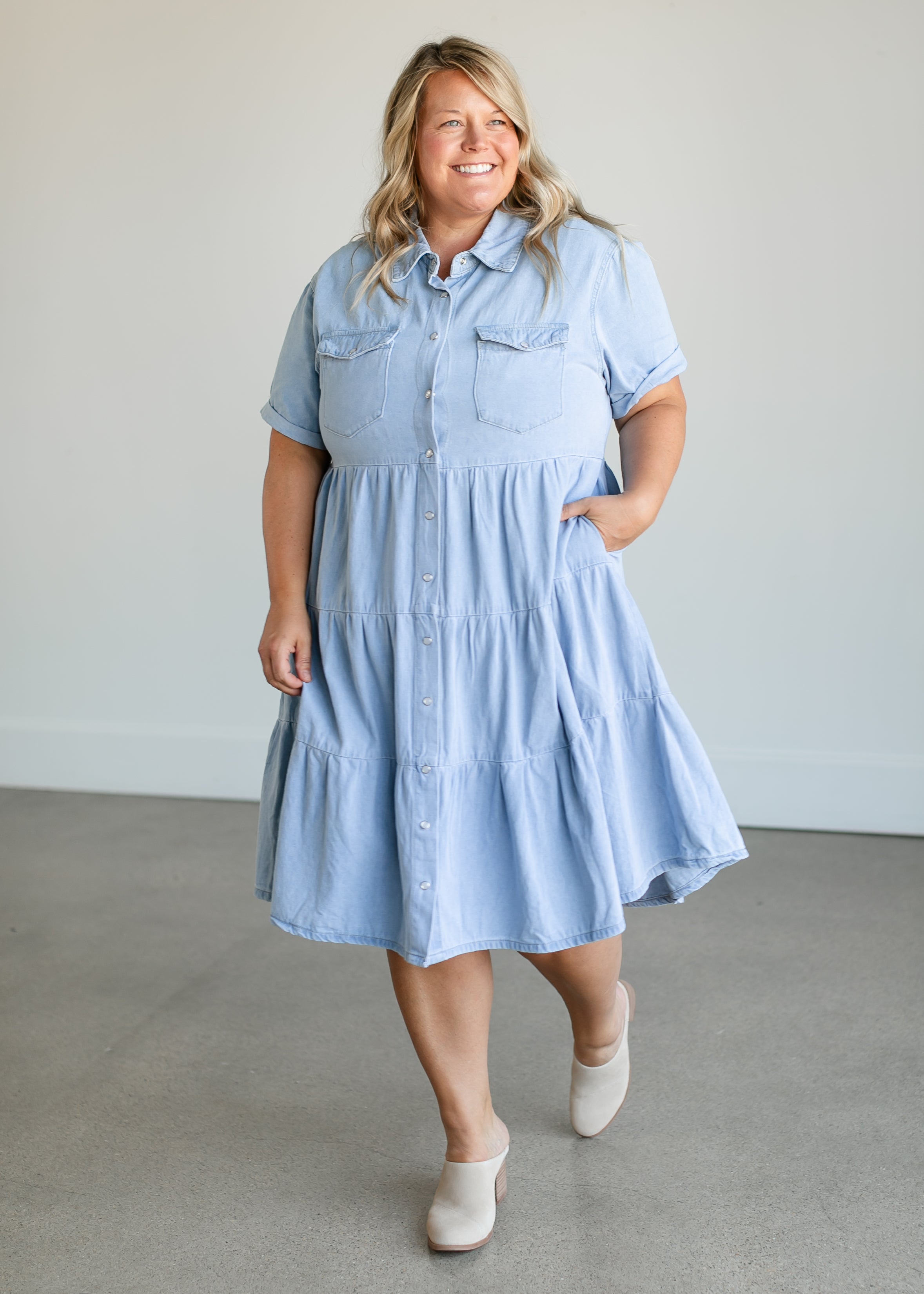 Snap Up Denim Midi Dress