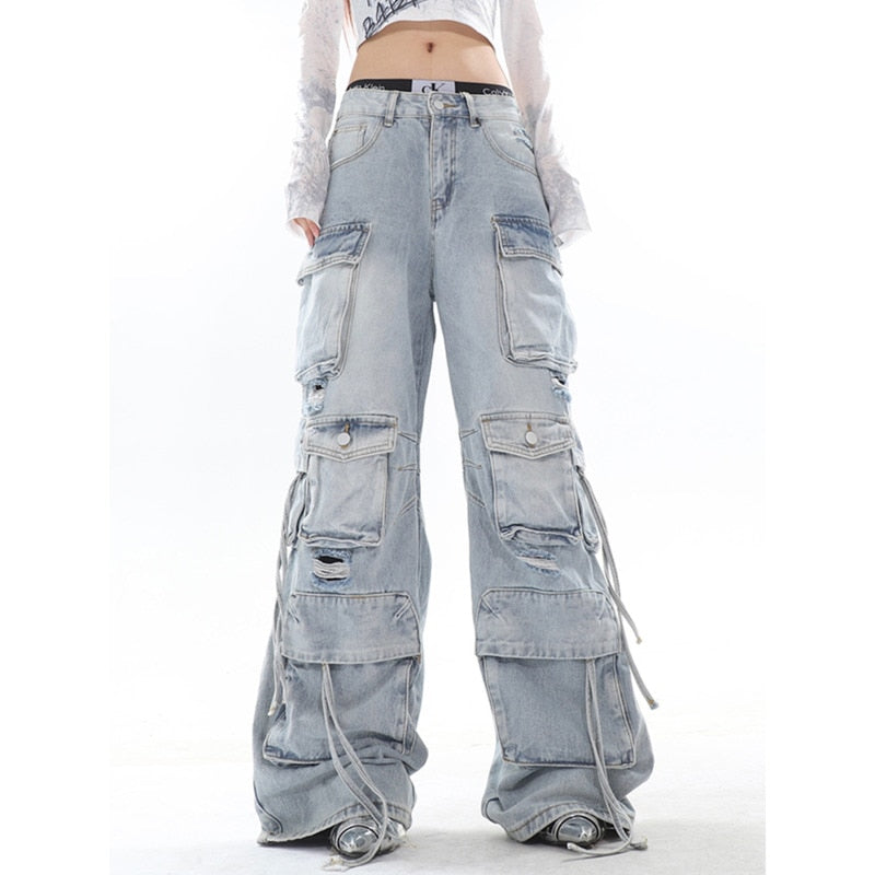 Classic Vintage Washed Denim Cargo Pants with Multi-Pockets