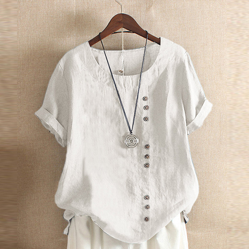 Women's 2023 Spring-Summer Casual Short Sleeve Tunic Tops Ruffle Button Loose Blouse T-Shirts