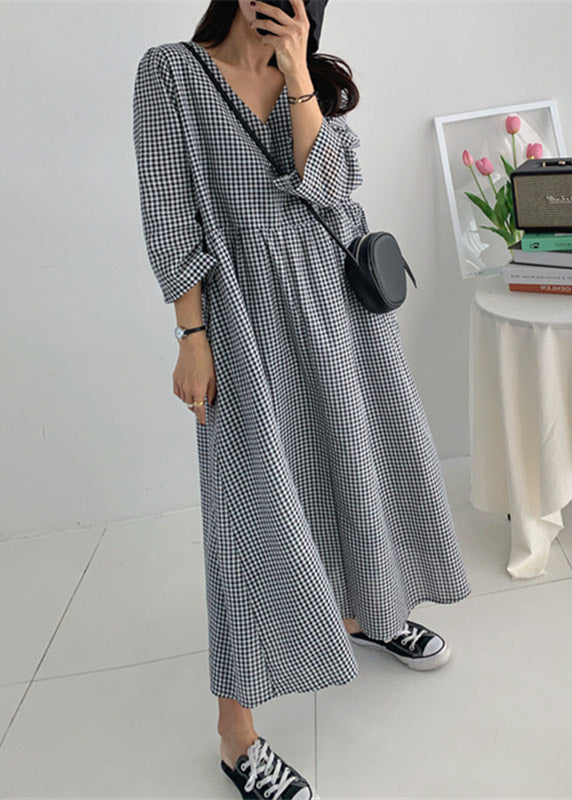 Organic V Neck Wrinkled Pockets Plaid Cotton Dresses Long Sleeve